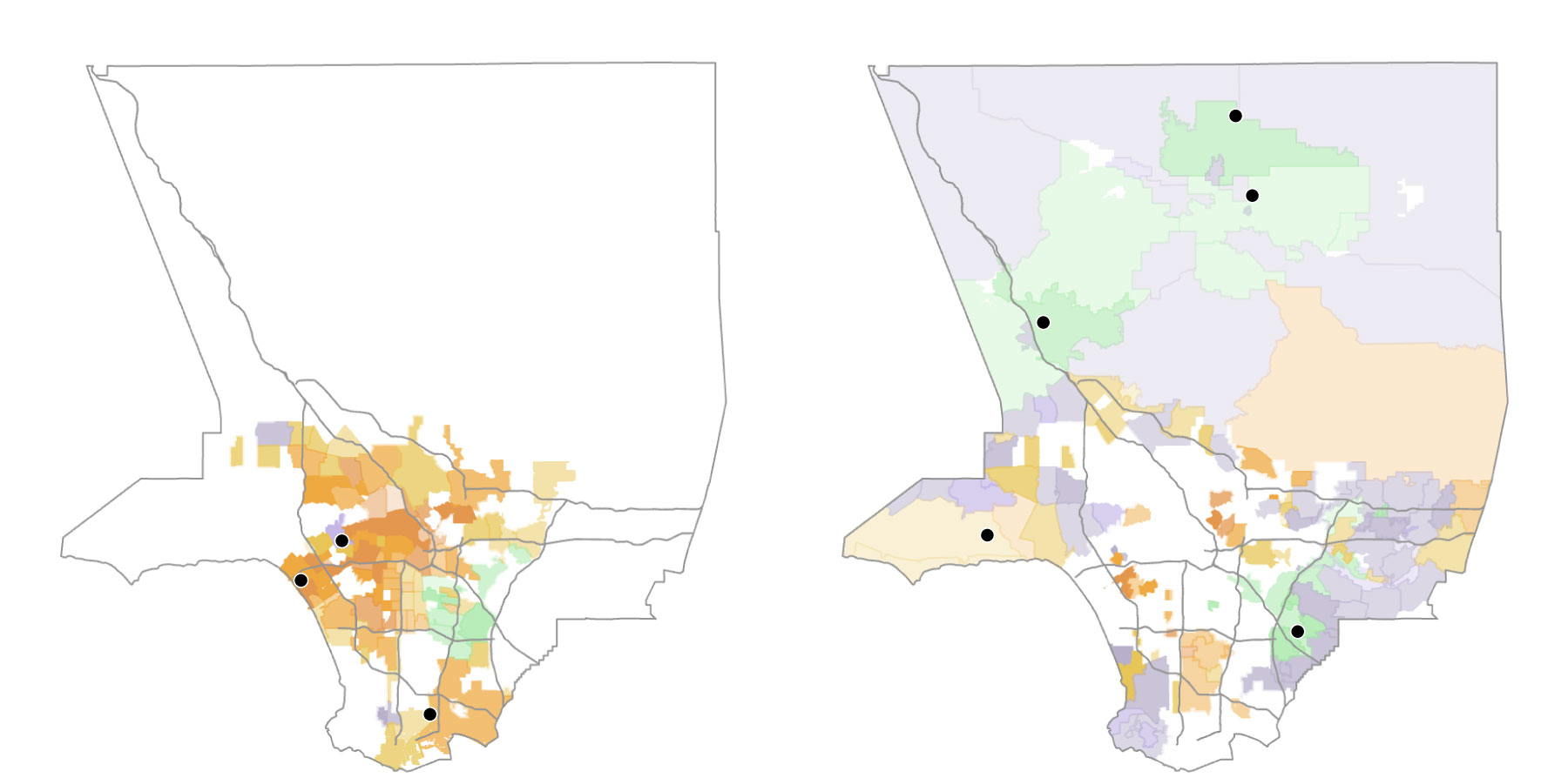 Maps showing neighborhoods each candidate won split by majority renter or majority owner.