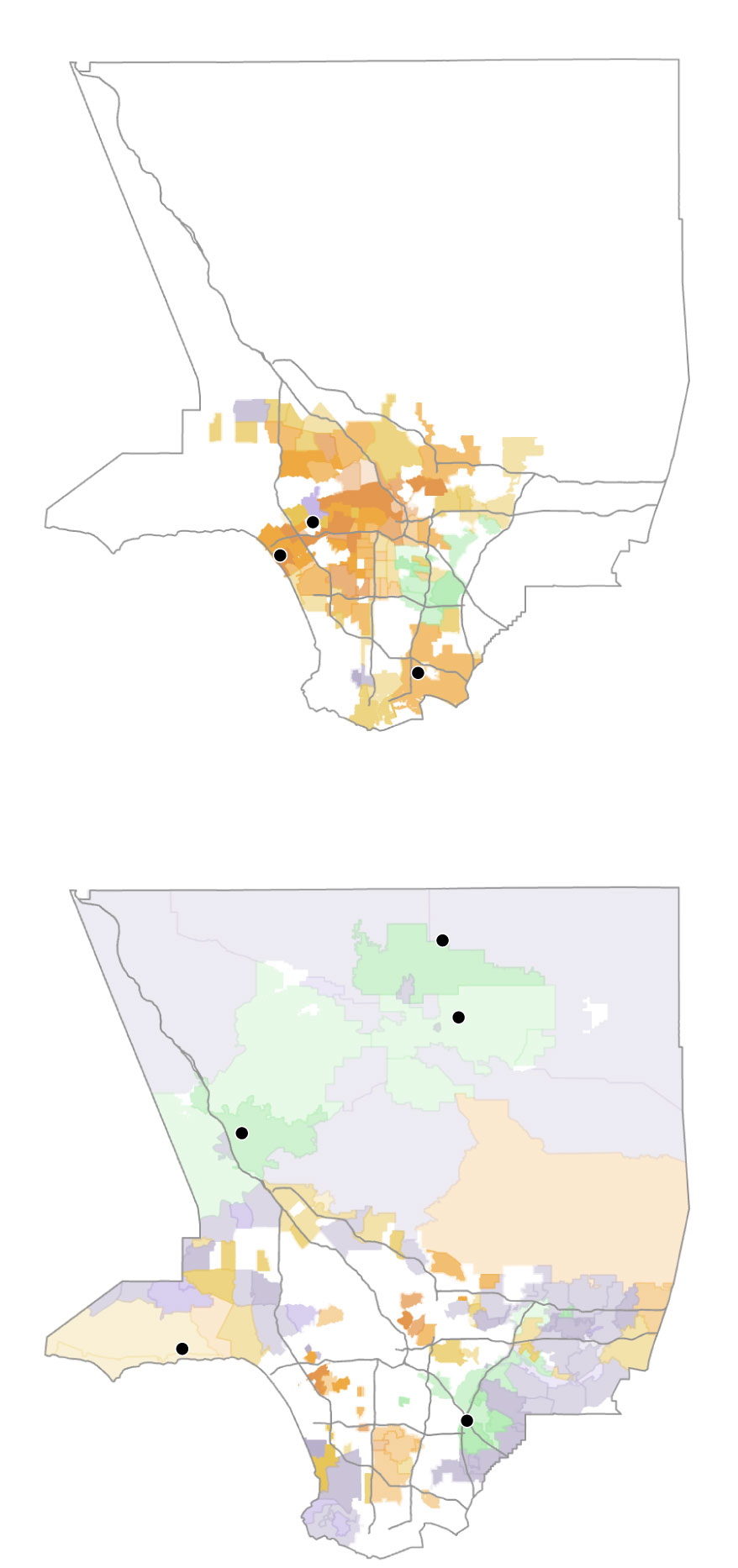 Maps showing neighborhoods each candidate won split by majority renter or majority owner.