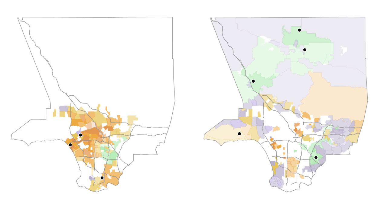 Maps showing neighborhoods each candidate won split by majority renter or majority owner.