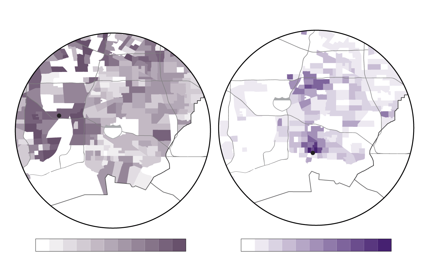 A diptych of two choropleth maps showing the share of the Asian population per Filipino and Cambodian residents in Carson and Long Beach. There is a higherconcentration of Filipinos in Carson and a higher concentration of Cambodians in south Long Beach near Cambodia Town.