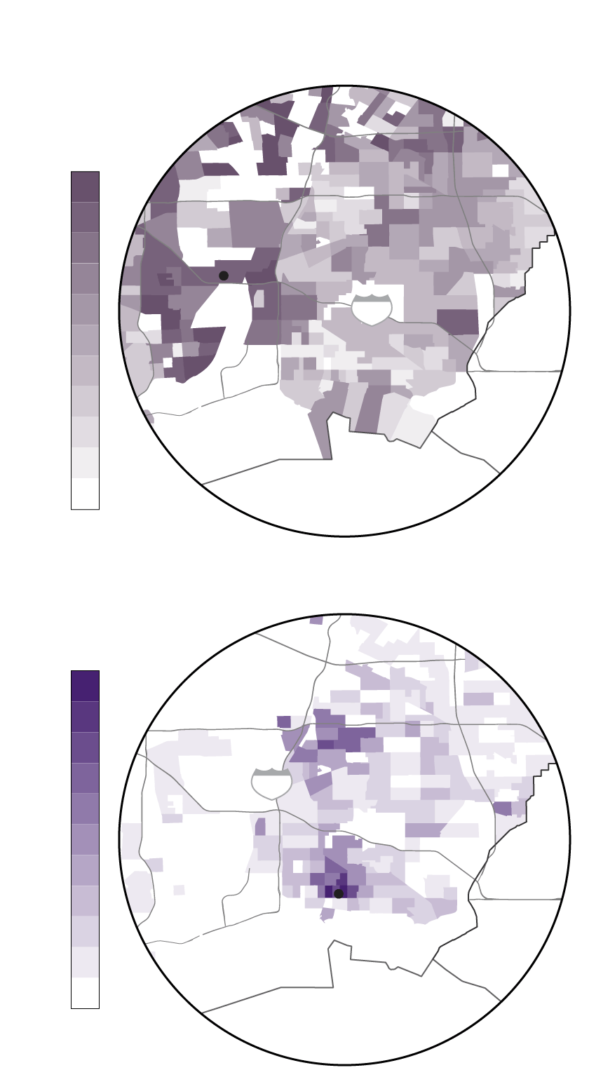 A diptych of two choropleth maps showing the share of the Asian population per Filipino and Cambodian residents in Carson and Long Beach. There is a higherconcentration of Filipinos in Carson and a higher concentration of Cambodians in south Long Beach near Cambodia Town.