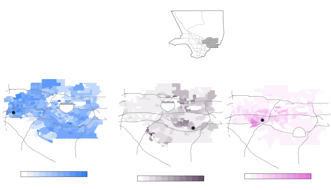 A triptych of choropleths showing the share of the Asian population for Chinese, Filipino and Vietnamese populations in San Gabriel Valely. There are higher concentrations of Chinese residents throughout SGV than Filipino and Vietnamese residents, the second and third largest groups in the area. A higher concentratoin of Filipinos live near Walnut, and a higher concentration of Vietnamese people south of El Monte.