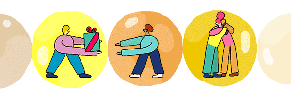 Illustration of people in bubbles changing color as they swap gifts and hug