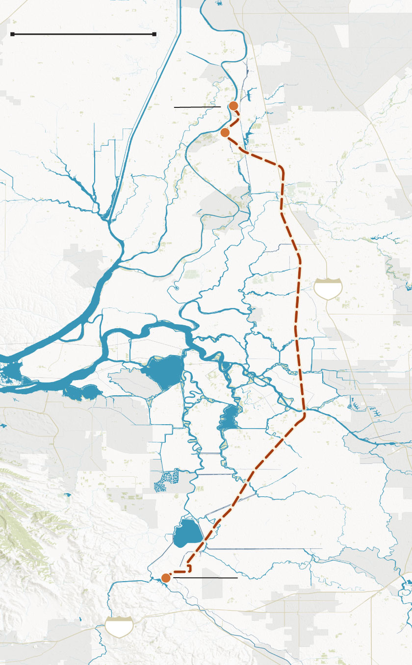 Map shows the path of the proposed delta tunnel near communities such as Hood, Courtland, Stockton and Discovery Bay
