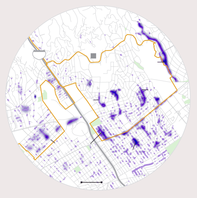 Map shows where jacaranda trees are in Brentwood and Westwood