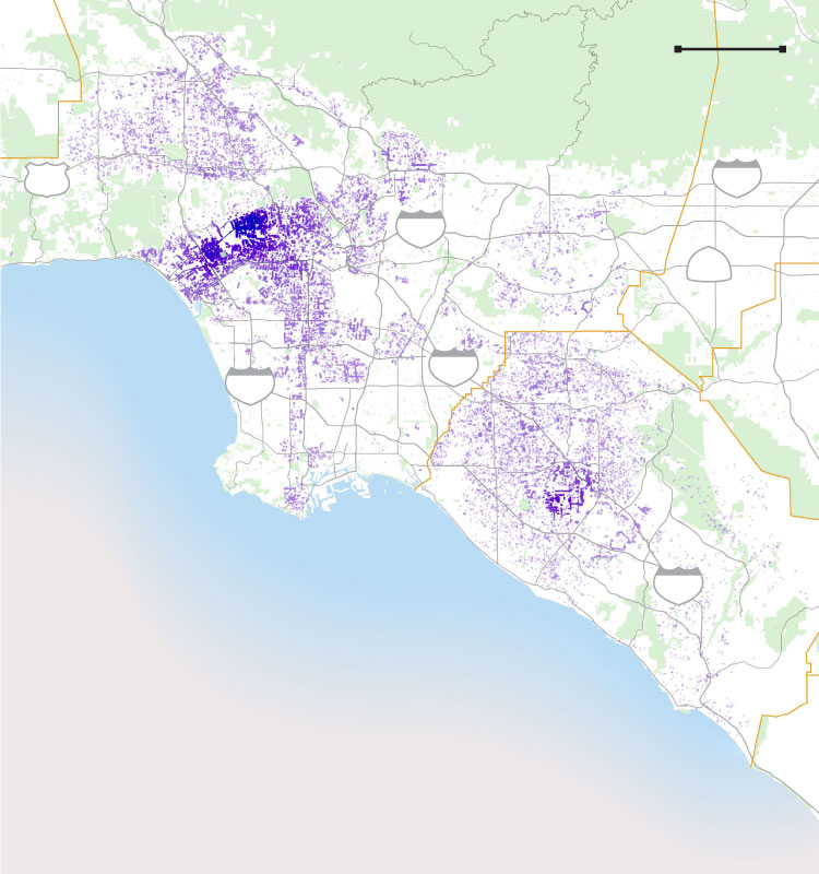 An overview map of Los Angeles and Orange counties showing the spread of jacaranda trees.