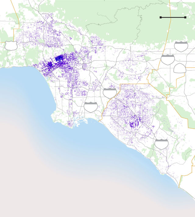 An overview map of Los Angeles and Orange counties showing the spread of jacaranda trees.
