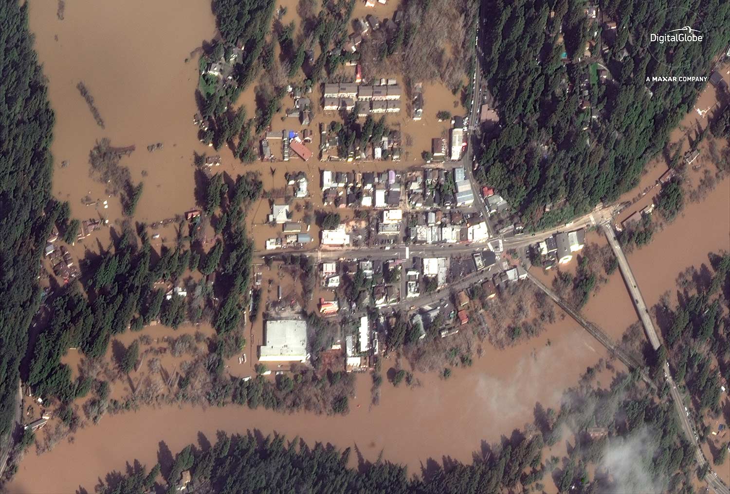 Aerial view along the Russian River shows flooding in Guerneville.