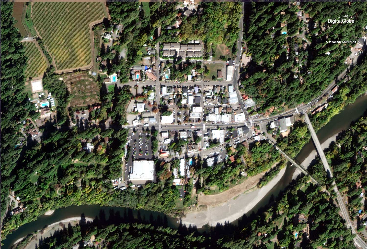 Aerial view along the Russian River shows flooding in Guerneville.