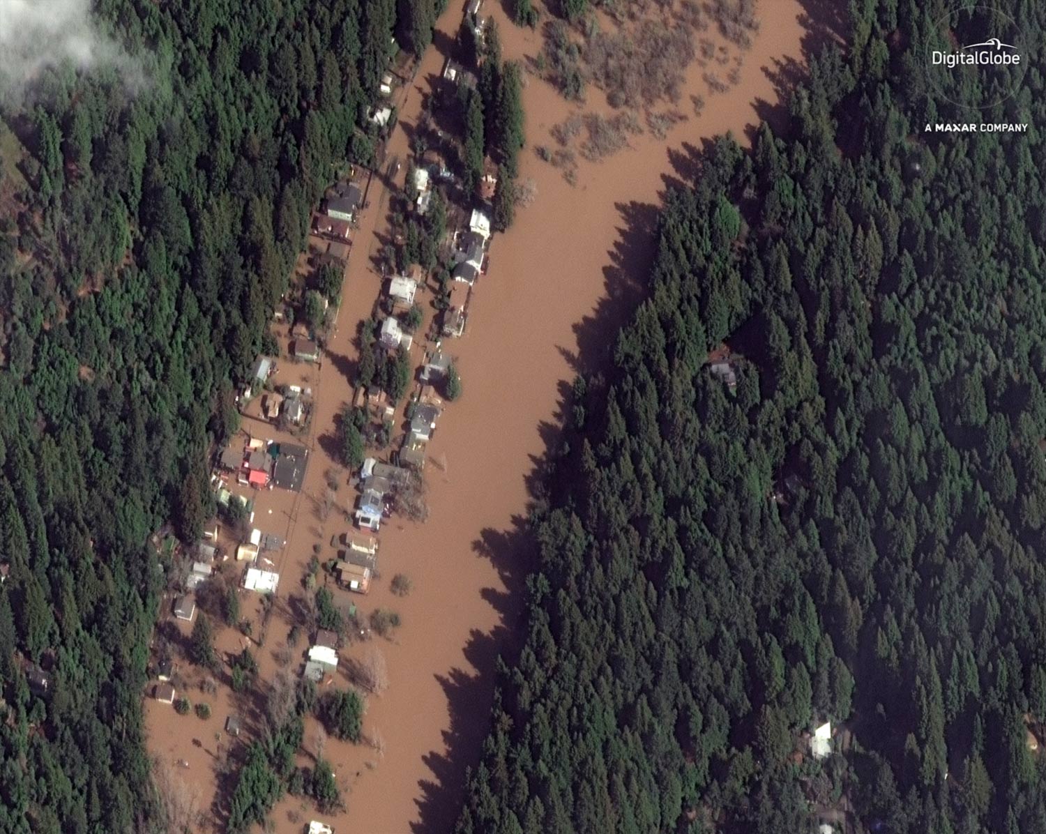 Aerial view along the Russian River shows flooding in Guerneville.