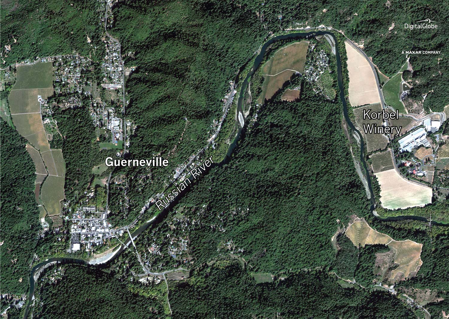 Aerial view along the Russian River shows flooding in Guerneville.