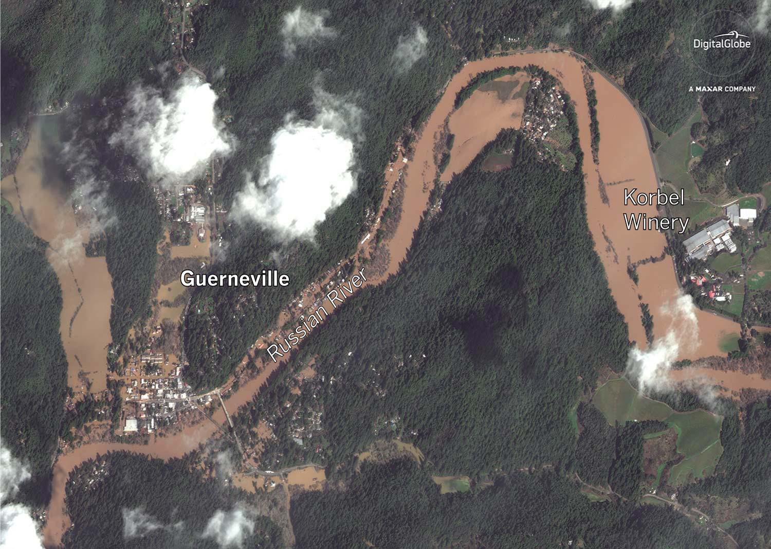 Aerial view along the Russian River shows flooding in Guerneville.