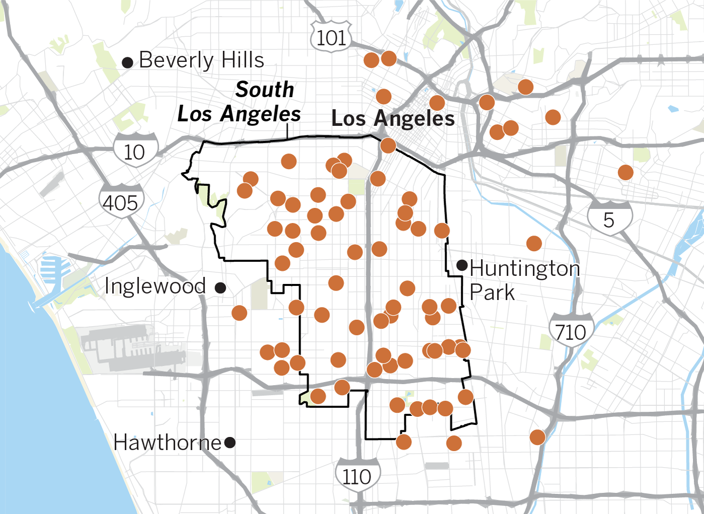 A map of the concentration of low scoring schools in South L.A.