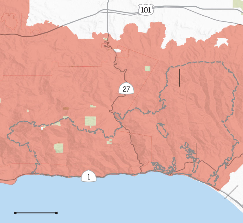 Map shows the perimeter of the Palisades fire within thre fire hazard severity zone.