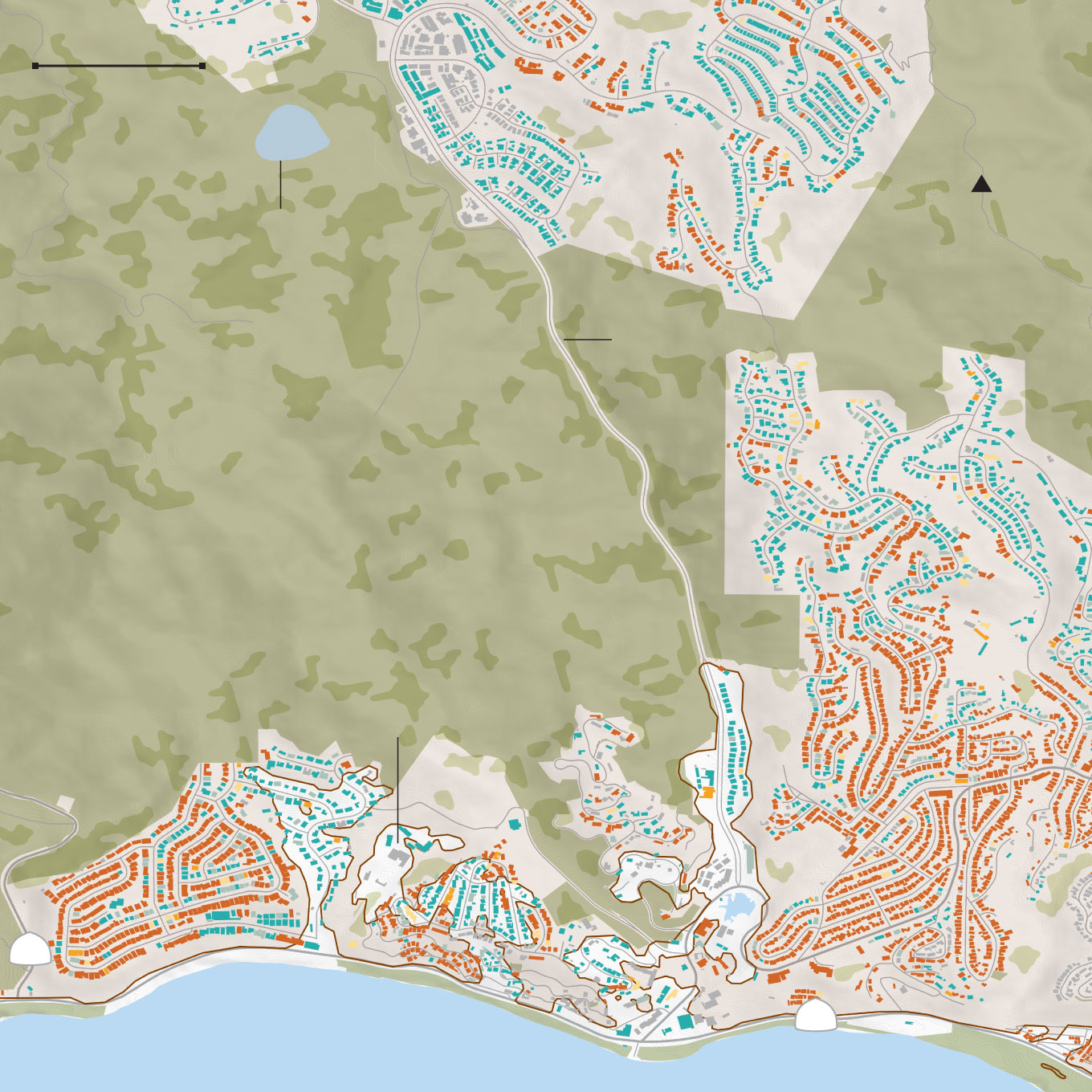 Map of Skull Rock, near Palisades Drive, and damaged buildings near the Getty Villa in the Castellammare neighborhood.