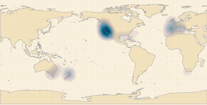 A world map of velella velella observations. The largest concentration of sightings is on the west coast of the U.S. Other clusters appear around Spain and the Mediterranean and eastern Australia and New Zealand.