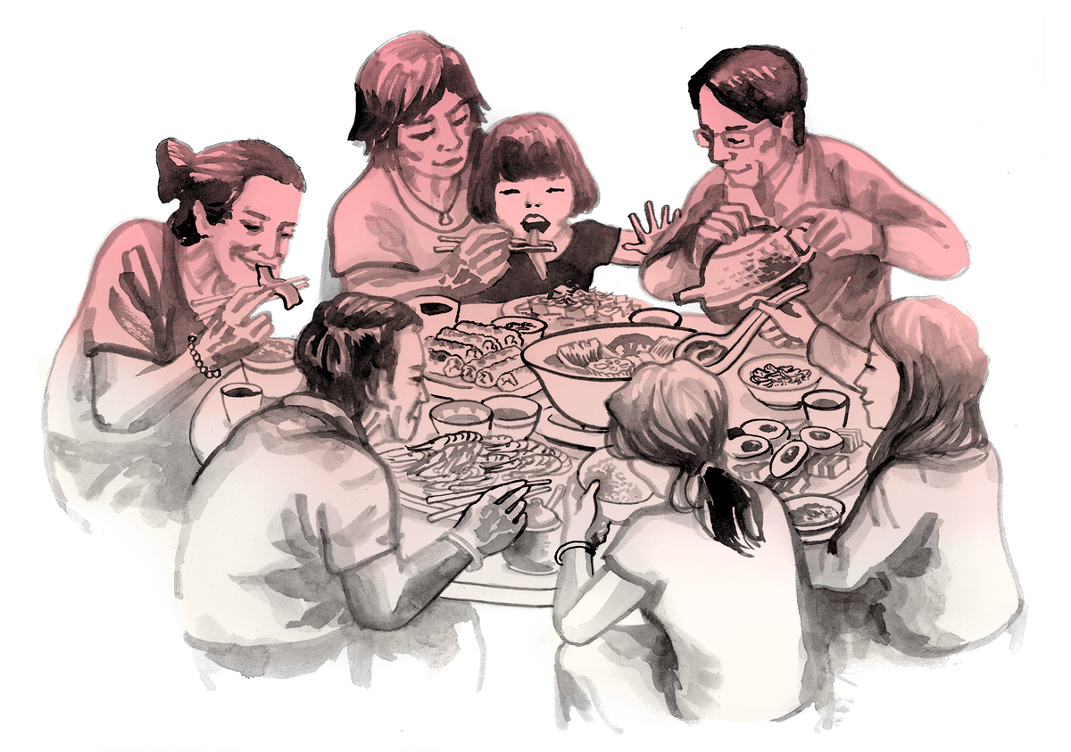 An image of a family sharing a meal at the table. The illustration is in the same pink and gray color scheme as the lotus flowers.