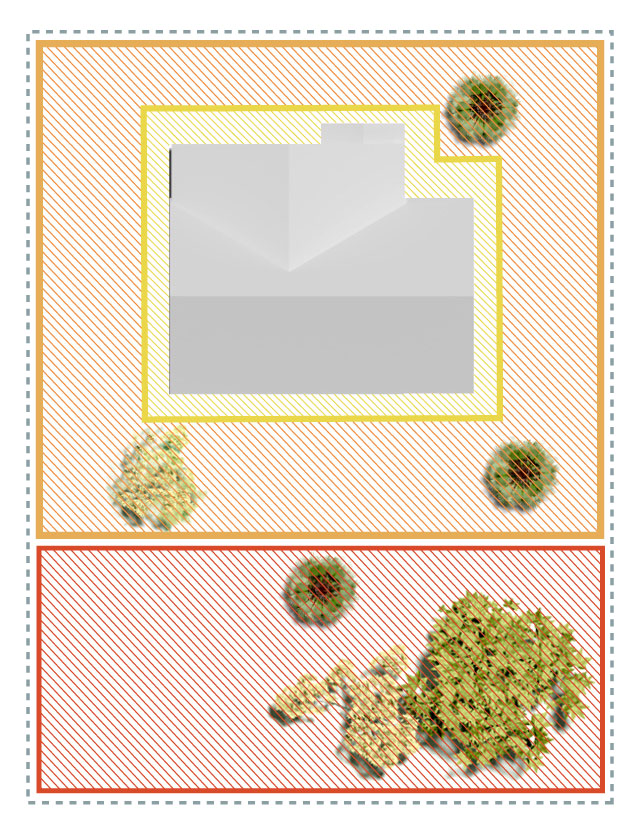 Diagram shows recommendations as to prevent or slow spread of wildfires on home property by avoiding softcape plants within 5 feet of the house; replace flammable plants with succulents within 5 to 30 feet; trim lower tree branches and keep woodpiles away from vegetation within 30 to 100 feet.